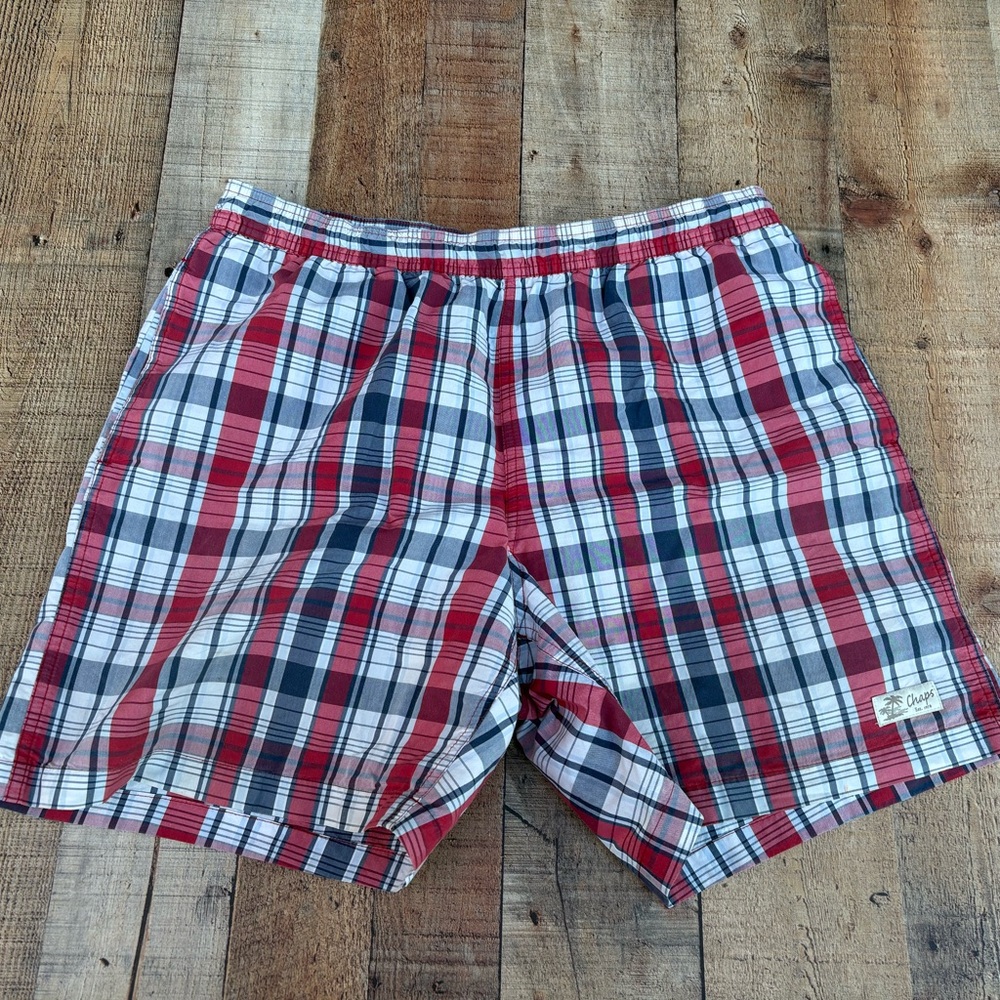 Mens Plaid Chaps swim trunks size Large.